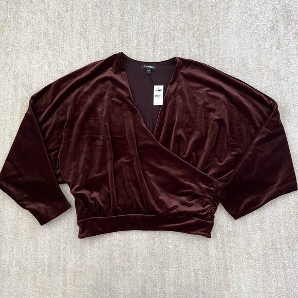 NWT Express Surplice Faux Wrap Brown Velvet Blouse Top S - Picture 1 of 9
